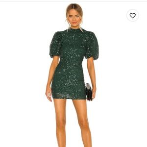 Dark green sequin mini dress with puff sleeves and cut out back.